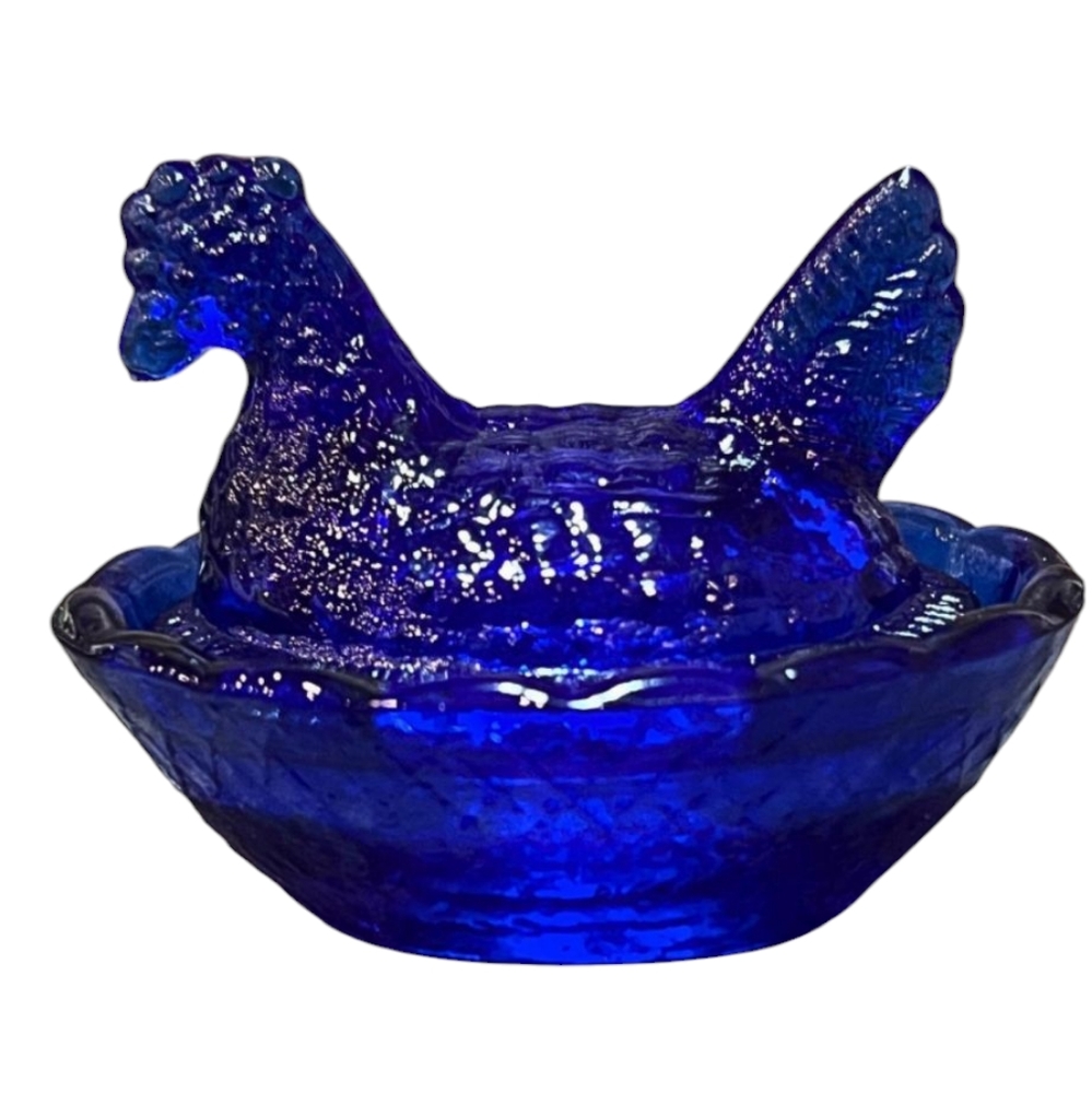 Farmhouse Cobalt Blue Glass Mini Hen on a Nest Salt Cellar